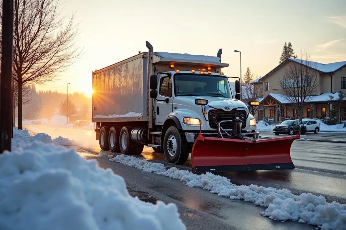 Commercial snow plowing at a Salem, Oregon parking lot at night