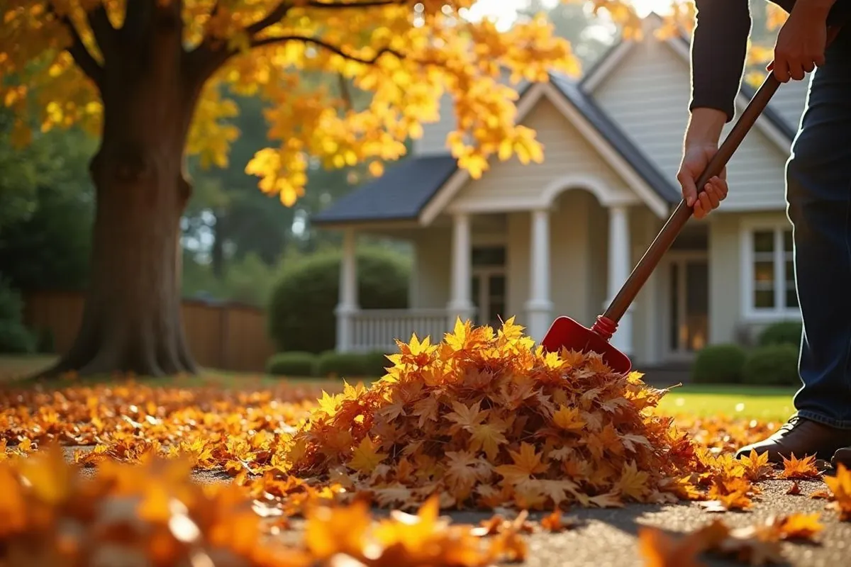 Fall leaves being cleaned up on a Salem, Oregon residential property