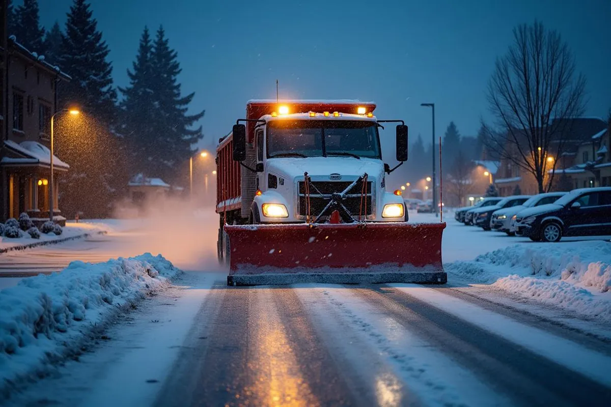Snow plow clearing a commercial parking lot in Salem, Oregon