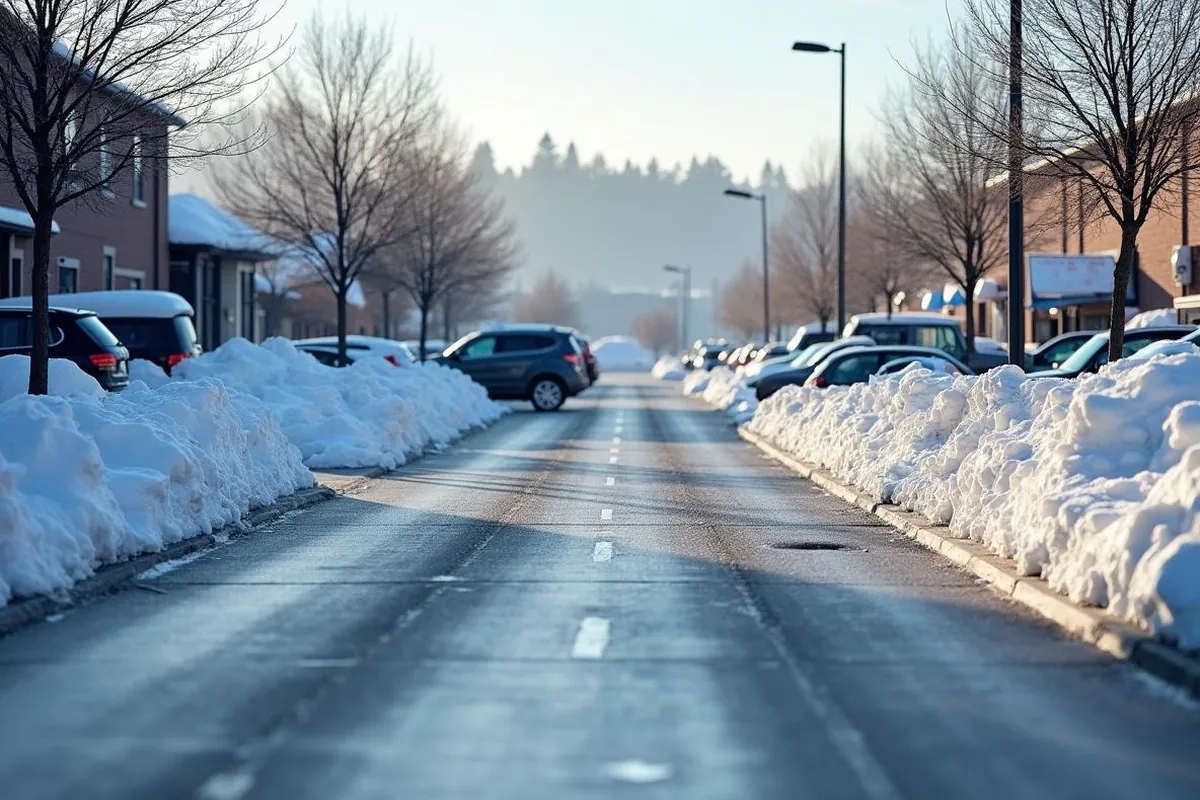 Snow-plowed commercial parking lot in Salem, Oregon